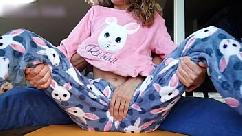 Stepbrother petting small tits and wet pussy in pajamas